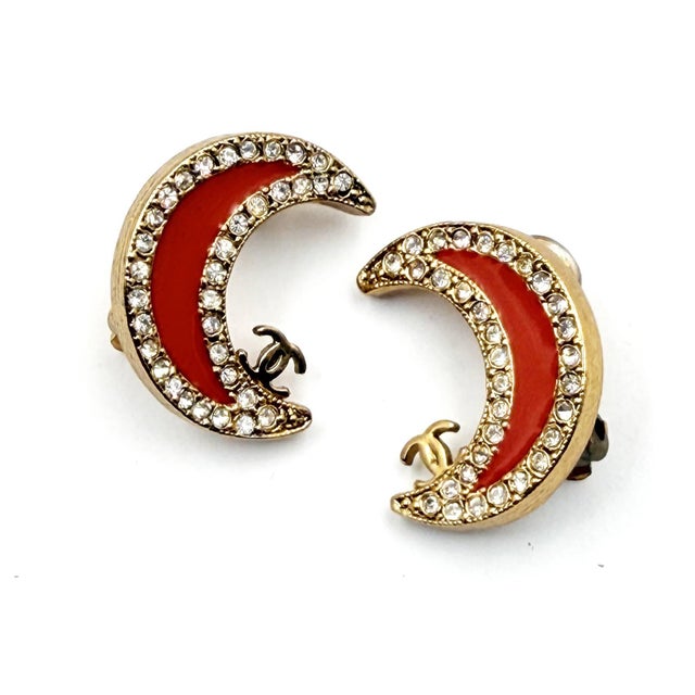 Chanel Chanel Vintage Gold Plated CC Red Moon Crystal Clip on Earrings, A Pair For Sale - Image 4 of 5