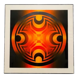 1980s Mark Rowland Geometric Red and Orange Op Art Signed Framed Screen Print