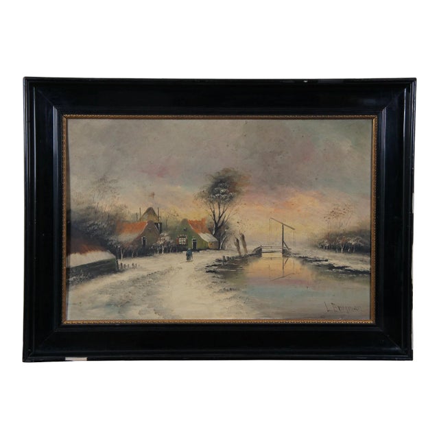 Vintage L Brugman Winter River Landscape Oil Painting on Board 29" For Sale