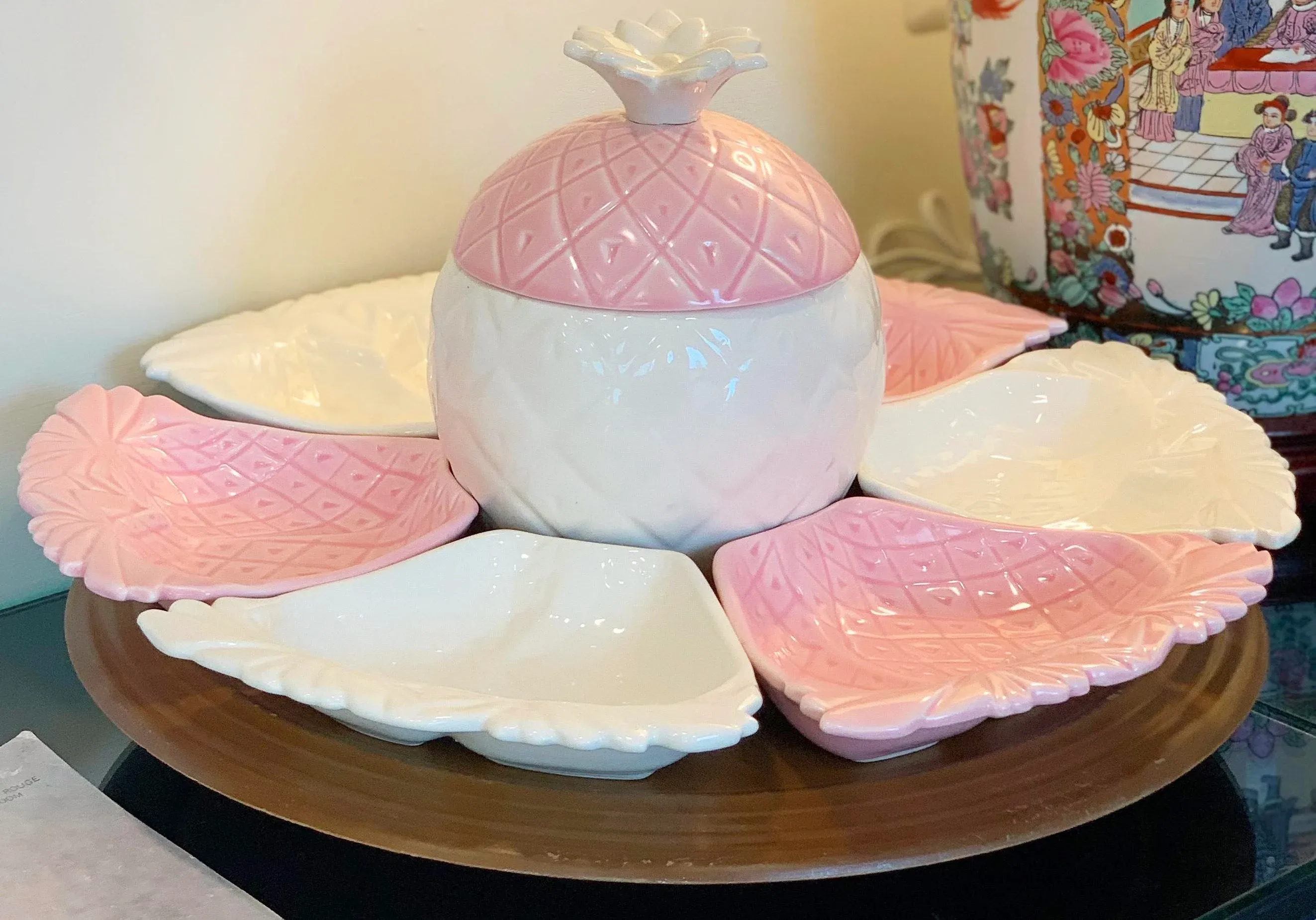 1960s California Pottery Pink Pineapple Appetizer Set With Lazy