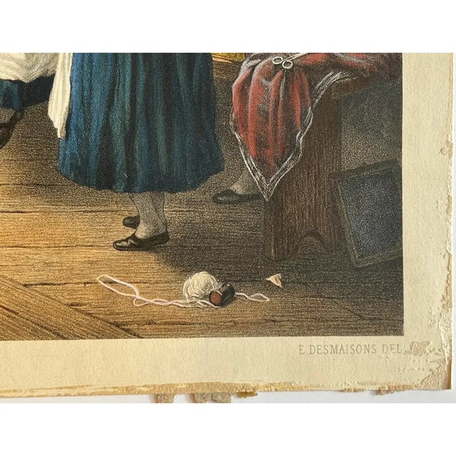 Emile Desmaisons (1812–1880) "School Girls" Original Antique French Color Lithograph c.1869 For Sale - Image 4 of 12