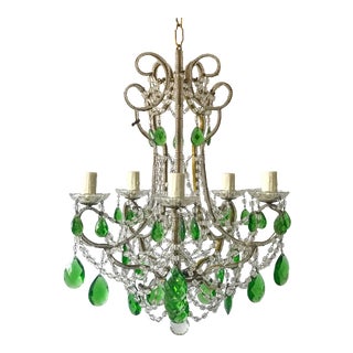 1950s Italian Vintage Green Crystal Beaded Chandelier For Sale