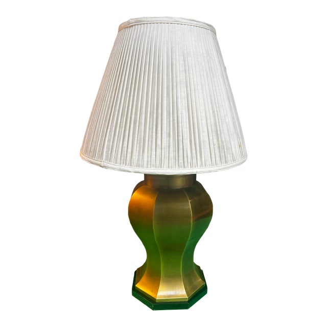 Large Vintage Brass Table Lamp With White Lampshade For Sale