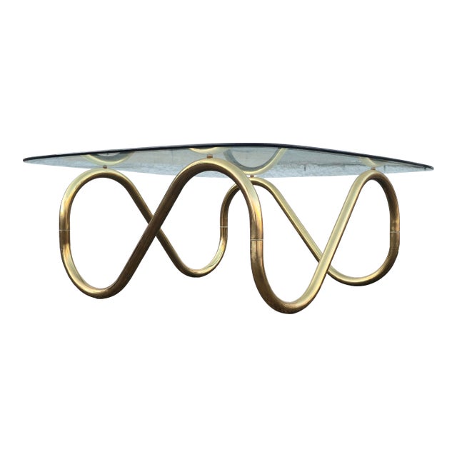 1980s Vintage Articulating Tubular Brass & Glass Coffee Table For Sale