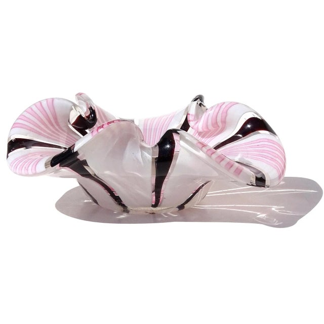 Vintage Murano Pink Black White Alternating Ribbons Italian Art Glass Folded Edges Decorative Bowl For Sale In Orlando - Image 6 of 9