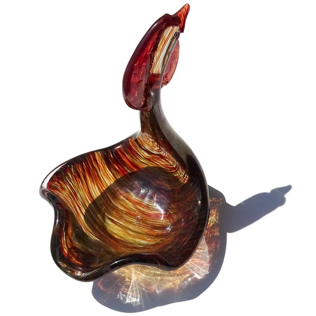 Dino Martens Murano Vintage Variegato 1954 Aurene Iridescent Italian Art Glass Sculptural Rooster Bird Bowl For Sale In Orlando - Image 6 of 13