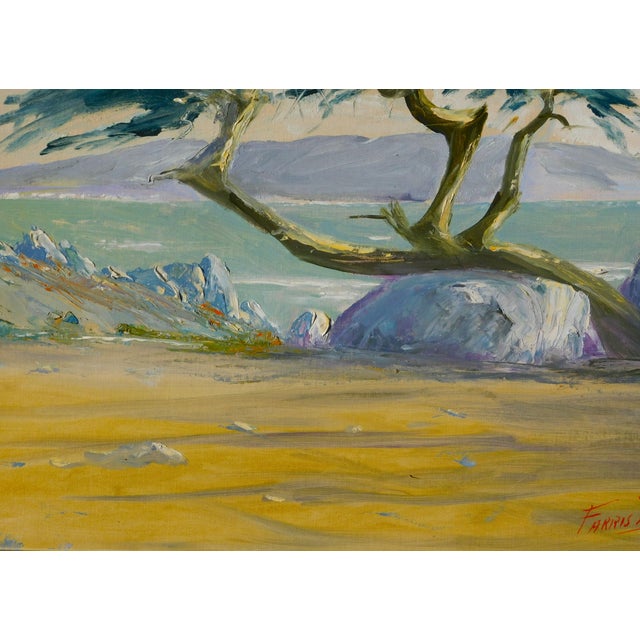 Vintage oil painting on board by noted early California artist, Farris Wheeler. Carmel coastal scene, image 22 x 28,...