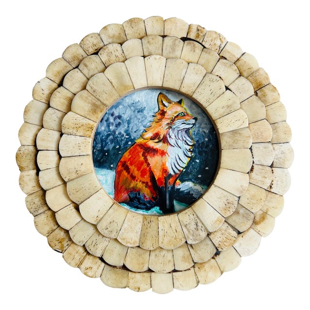 Original Petite Painting of a Red Fox in the Snow in Ornate Round Frame For Sale