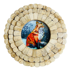 Original Petite Painting of a Red Fox in the Snow in Ornate Round Frame