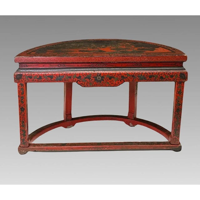 Antique Chinese Red Lacquer Chinoiserie Demi Lune Console or Lamp Table, Qing Dynasty 19th Century For Sale - Image 4 of 9