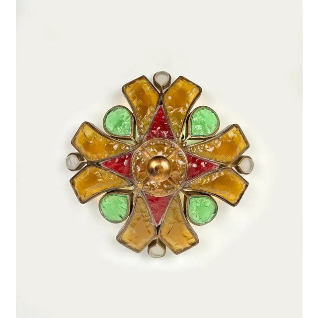 Gold Iron and Colored Glass Sconce Wall Lamp from Longobard, 1970s For Sale - Image 9 of 10
