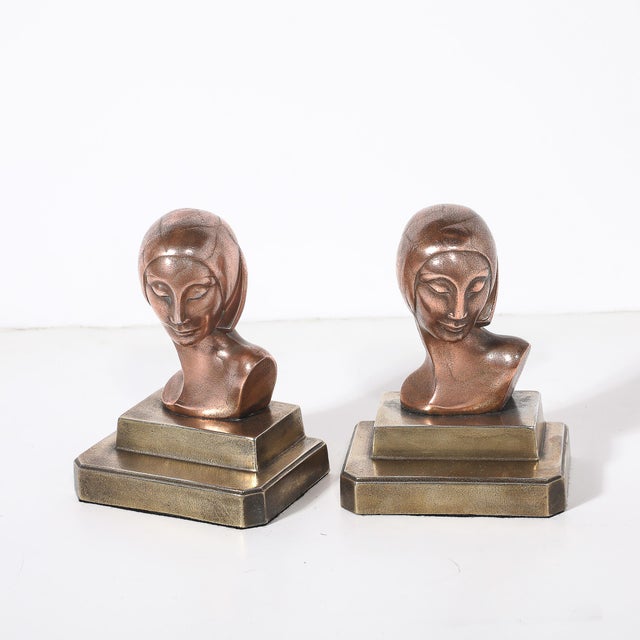 Art Deco Art Deco Machine Age Flapper Bookends in Copper & Antique Brass Signed Frankarts For Sale - Image 3 of 10