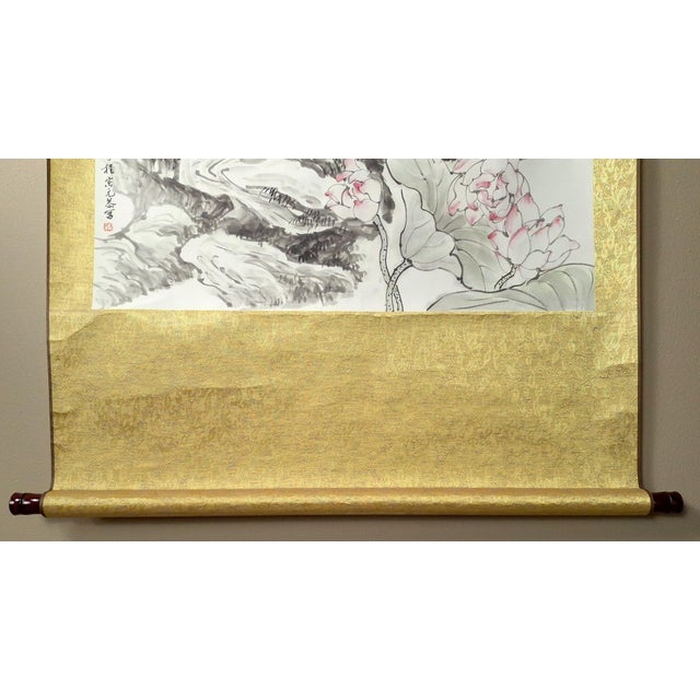 Wood Chinese Mountain Throne Kuan Yin Scroll For Sale - Image 7 of 8