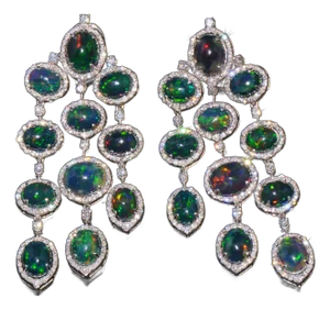 Certified Natural 31.18cts vs F Diamond Black Opal 18k Solid Gold Dangle Chandelier Earrings, A Pair