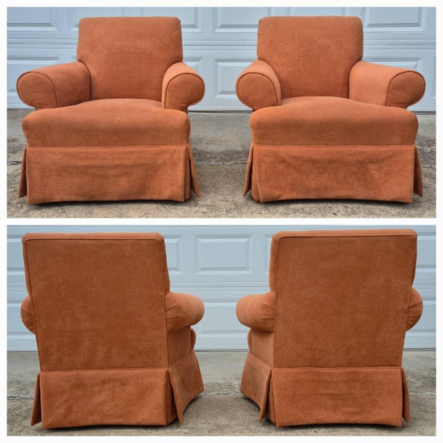 Vintage Square Back Rust Orange Upholstered Skirted Roll Arm Lounge Chairs - A Pair For Sale - Image 10 of 17