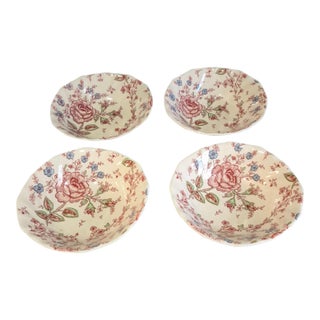 Vintage Set of 4 Pink Rose Chintz Johnson Bros. Ironstone England Breakfast Bowls #1 For Sale