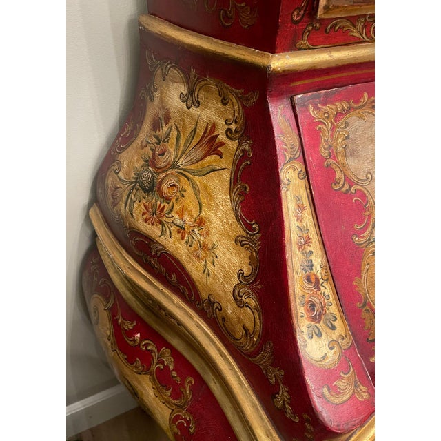 Red Italian Venetian Rococo-Style Painted Secretary Cabinet-Mirrored Doors, C. 1930s For Sale - Image 8 of 14