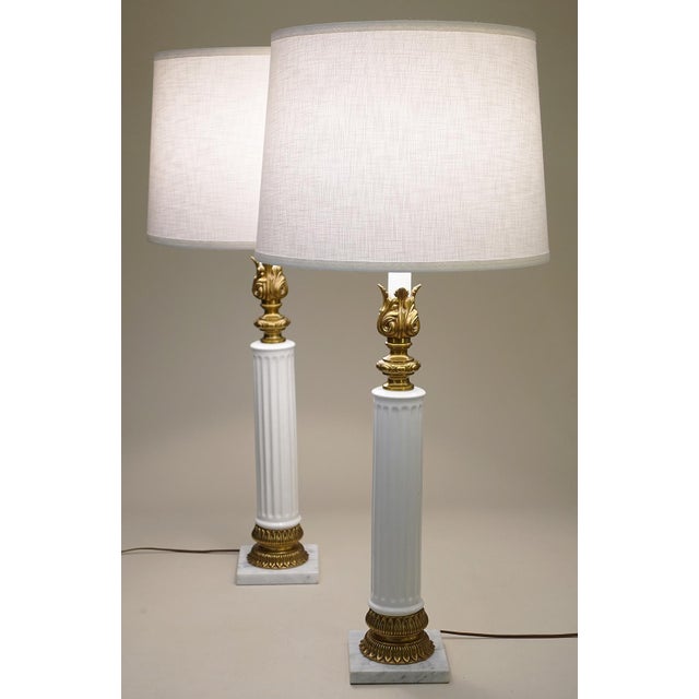 1960s Stiffel Neoclassical Hollywood Regency Porcelain Composite Style Column Marble Brass Table Lamps - a Pair For Sale - Image 9 of 13