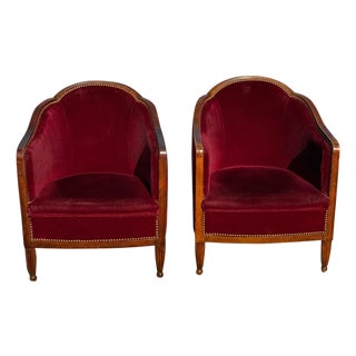 1940s Classic French Art Deco Barrel Back Club Chairs - A Pair For Sale