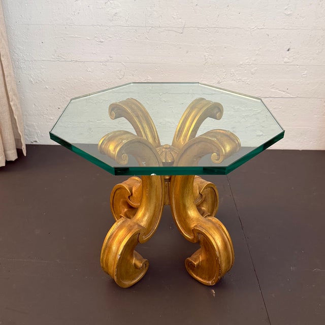 Rococo Late 20th Century Hollywood Regency Scrolled Gilt Octagonal Glass Side Table For Sale - Image 3 of 7