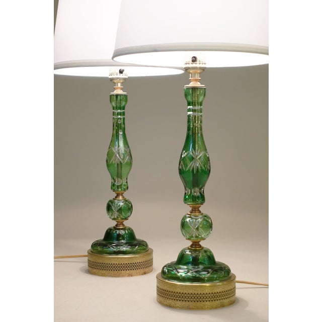 1940s Classic Bohemian Green "Cut Through" Deco Art Glass Brass Boudoir Candlestick Table Lamps - a Pair For Sale - Image 4 of 16