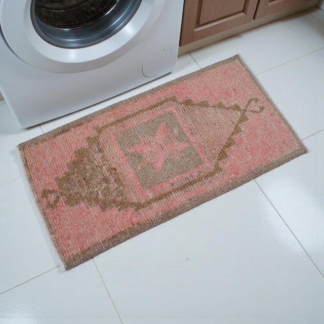 Vintage Turkish Hand-Knotted Small Rug / Mat from Antep, 1970, featuring warm dusty-rose tones and authentic village...