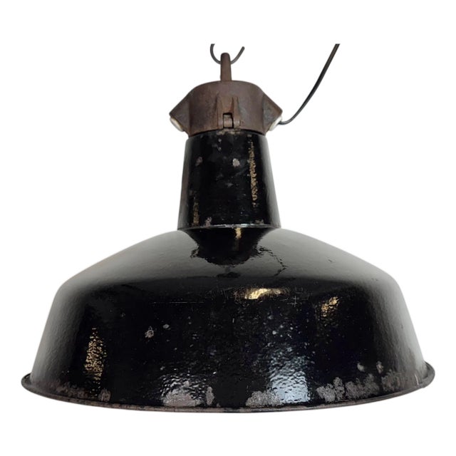 Industrial Black Enamel Factory Lamp with Cast Iron Top from Elektrosvit, 1950s For Sale