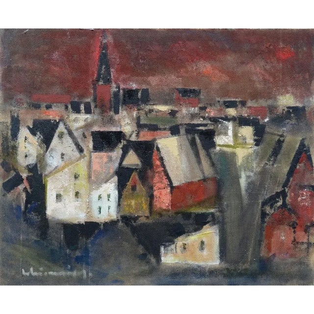 Old city 1980s, oil on cardboard, 50x61 cm the artwork depicts a view of an old cityscape, characterized by its...