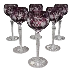 Late 20th Century Ajka Marsala Purple Cut to Clear Crystal Hock Wine Goblet Glasses- Set of 6