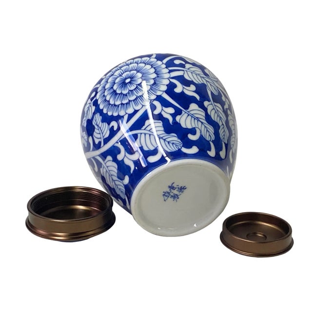 Chinoiserie Oriental Handmade Blue White Porcelain Metal Lid Container Urn For Sale - Image 3 of 5