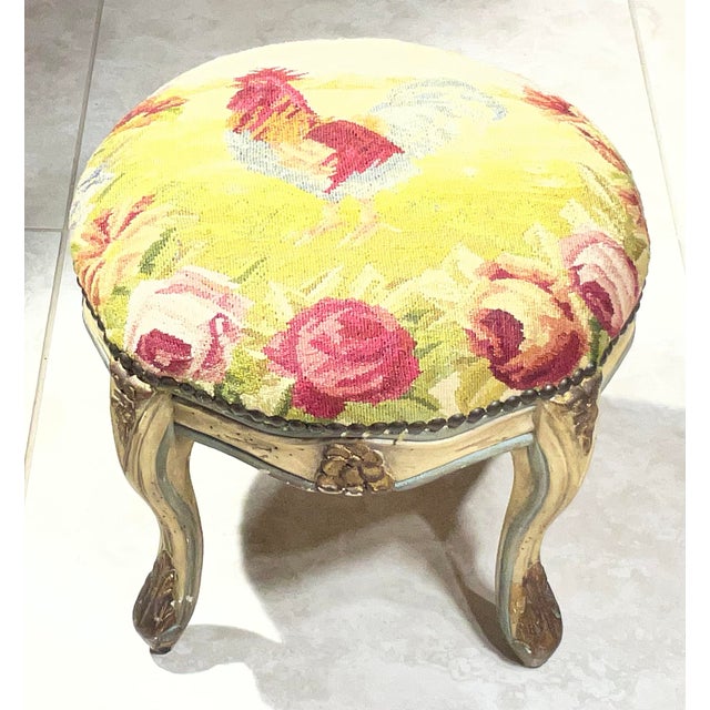 Vintage French Tapestry Footstool – Hand-Made Rooster & Floral Needlepoint. For Sale - Image 14 of 14