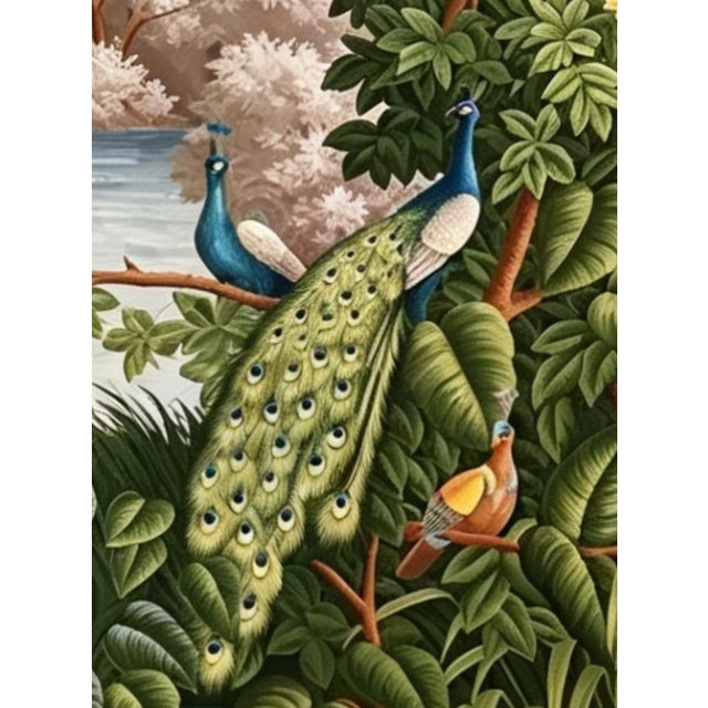 Stunning hand-painted panoramic scenic mural panel showcasing elegant peacocks resting amid lush tropical foliage, exotic...