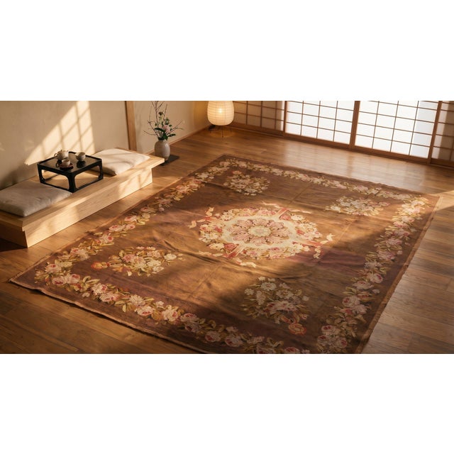 1830s Brown Floral Antique French Empire Aubusson Carpet 8' X 9'3" Flatweave Wool Rug For Sale - Image 11 of 12
