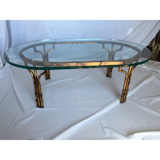 Hollywood Regency Vintage Faux Bamboo Brass Coffee Table With Glass Top For Sale - Image 3 of 7
