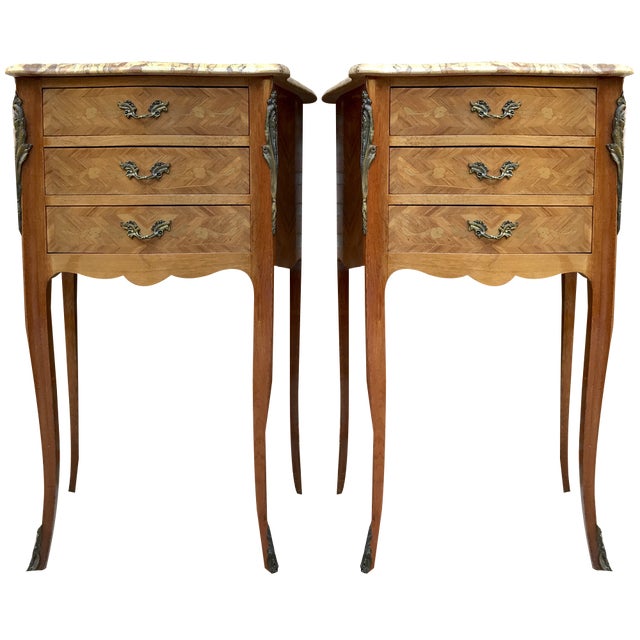 Mid-Century Bedside Tables in French Walnut With Marquetry & Marble Top, Set of 2 For Sale