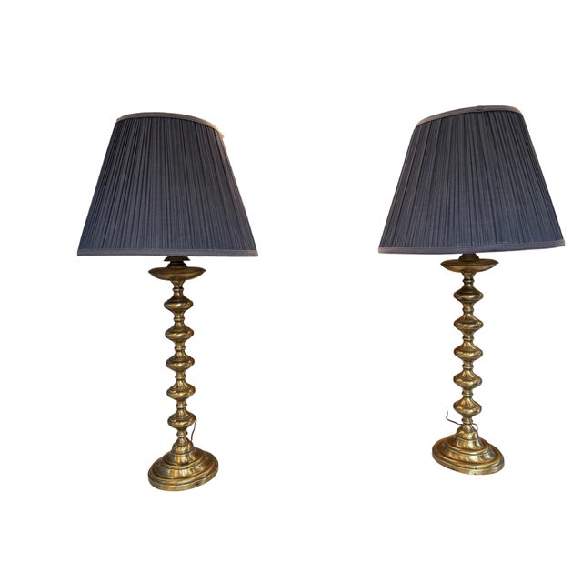Metal Mid 20th Century Leviton Brass Spindle Lamps With Navy Shades - a Pair For Sale - Image 7 of 8