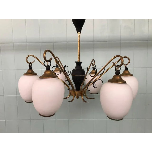 Pendant Light in Brass, Aluminum and Opaline Glass in the style of Stilnovo, Italy, 1950s For Sale - Image 10 of 10