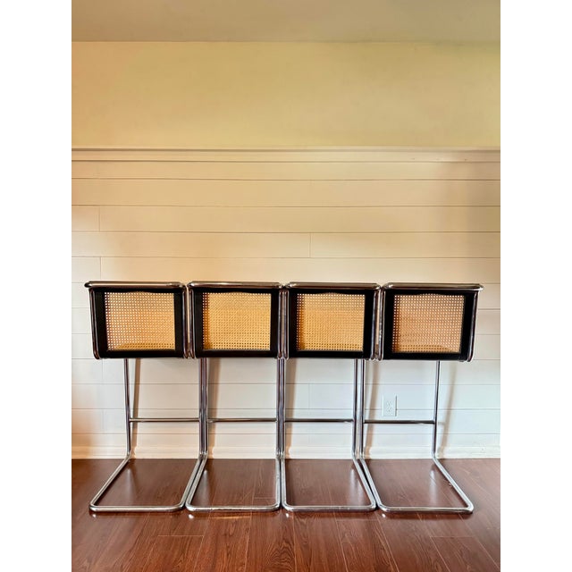 Wood A Rare Set of Four Cesca Bar Stools in Cane and Chrome, Circa 1970s. Attributed to Marcel Breuer for Knoll For Sale - Image 7 of 12