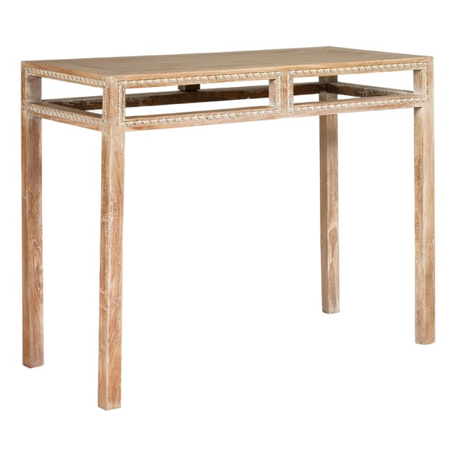 Tall Console Table with Carved Beaded Rope Motif and Whitewash Natural Finish For Sale
