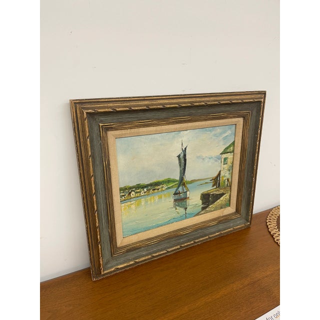 Wood Vintage Mid Century Coastal Harbor Painting Signed “Jay," Framed by Wolsey, California For Sale - Image 7 of 10