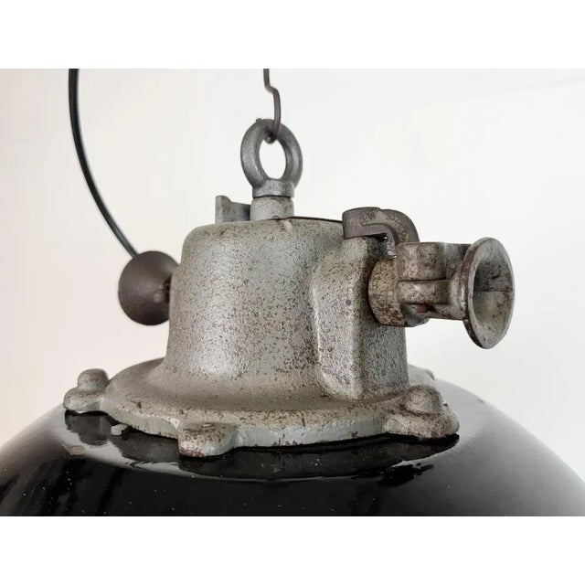 Glass Industrial Black Enamel and Cast Iron Cage Pendant Light from Elektrosvit, 1960s For Sale - Image 7 of 15