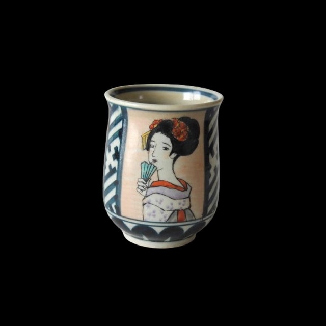 Ceramic Japanese Agano Ware Tea Cup Bowl With Bijinga Lady 1940s For Sale - Image 7 of 7