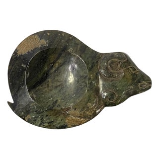 Chinese Artistic Ram Shape Green Stone Ink Well Dip Pad For Sale
