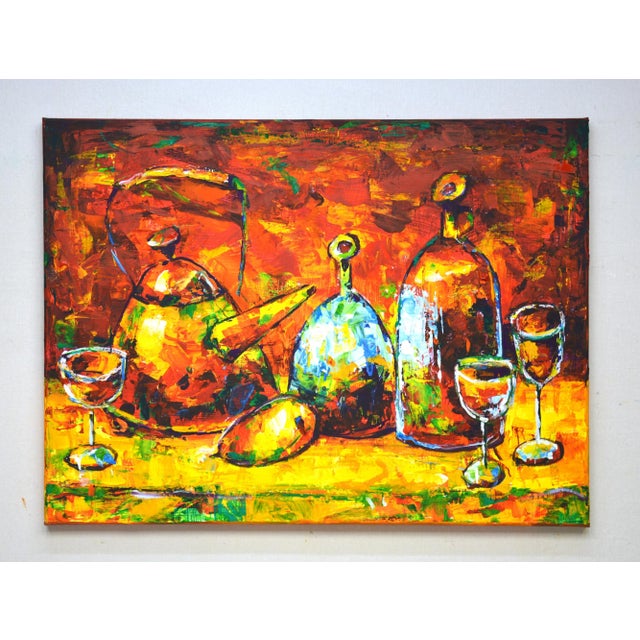 Evening still life 2. Expressive, bright still life: teapot, bottles of wine, glasses, pear on an abstract background. The...