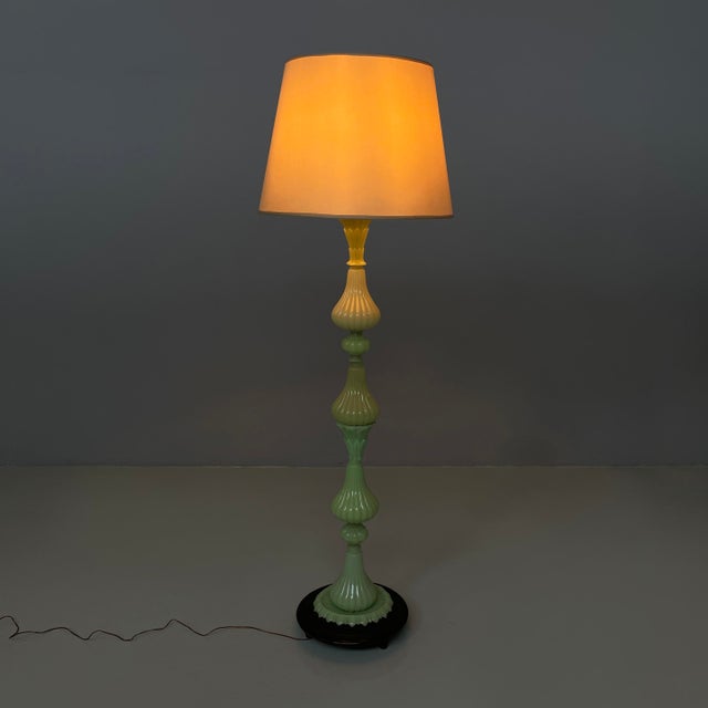 Italian Art Deco floor lamp in green opaline glass with fabric lampshade, 1930s Floor lamp with a white-beige fabric...