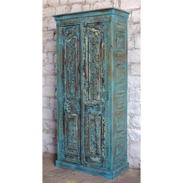Wood Antique Hand-Carved Blue Armoire With Floral Motifs & Brass Stud Detailing 83x38 For Sale - Image 7 of 7