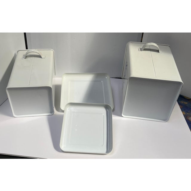 Metal Vintage Blue and White Enamel Lidded Tin Sugar and Flour Canisters - Set of 2 - For Sale - Image 7 of 7