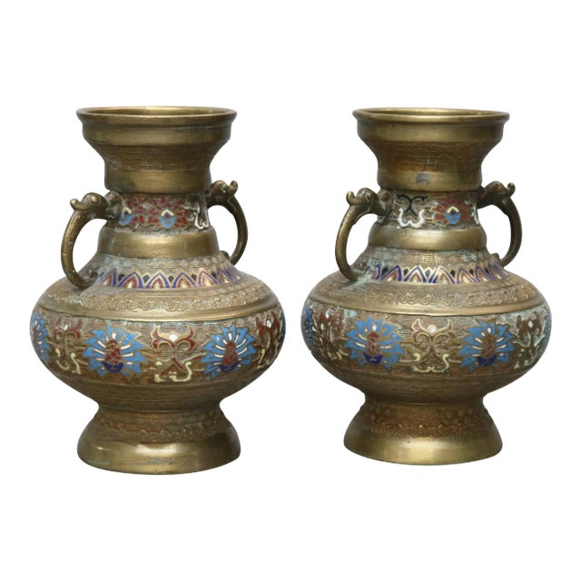 Antique Japanese Persian Style Champlevé Enameled Bronze Vase Set, circa 1900 For Sale