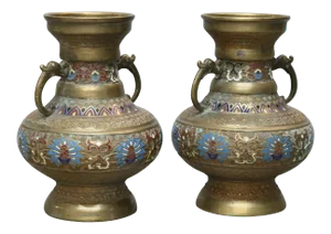 Antique Japanese Persian Style Champlevé Enameled Bronze Vase Set, circa 1900