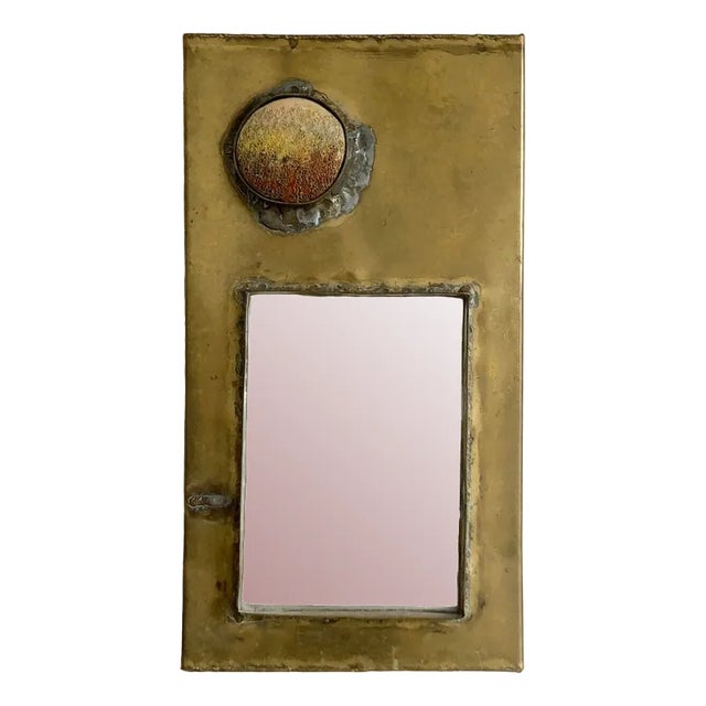 Mirror Mural in Bronze or Patinated Brass with Ceramic Inserts attributed to Jean Péillaud, France, 1970s For Sale